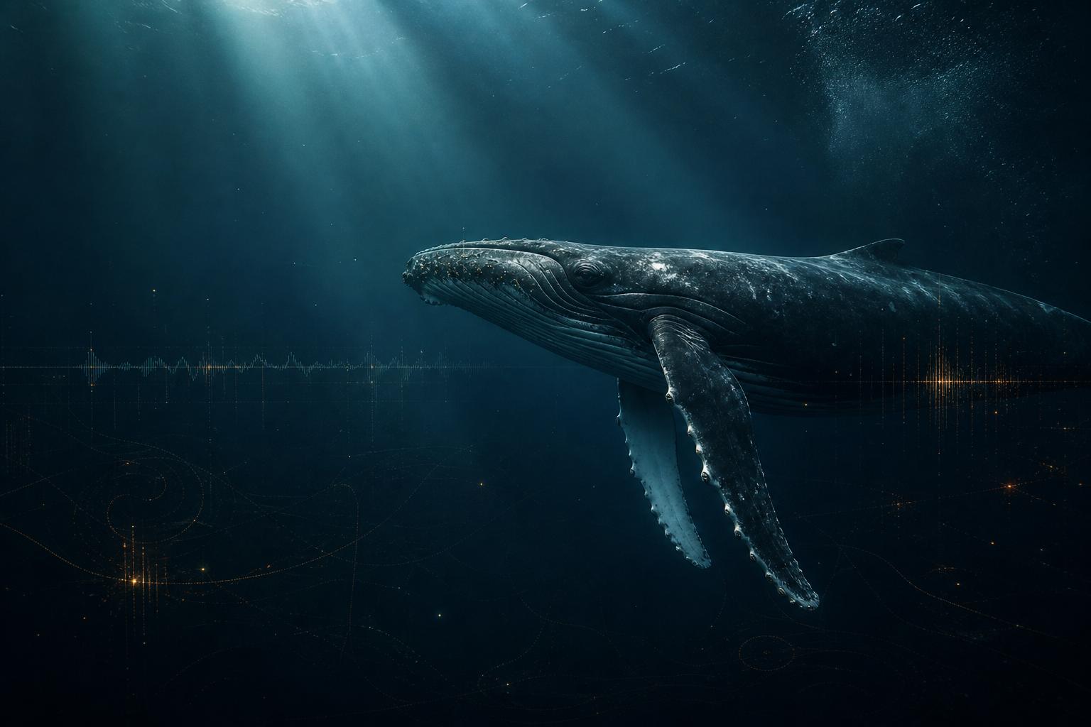 Humpback whale moving through a dark ocean with subtle soundwave traces.