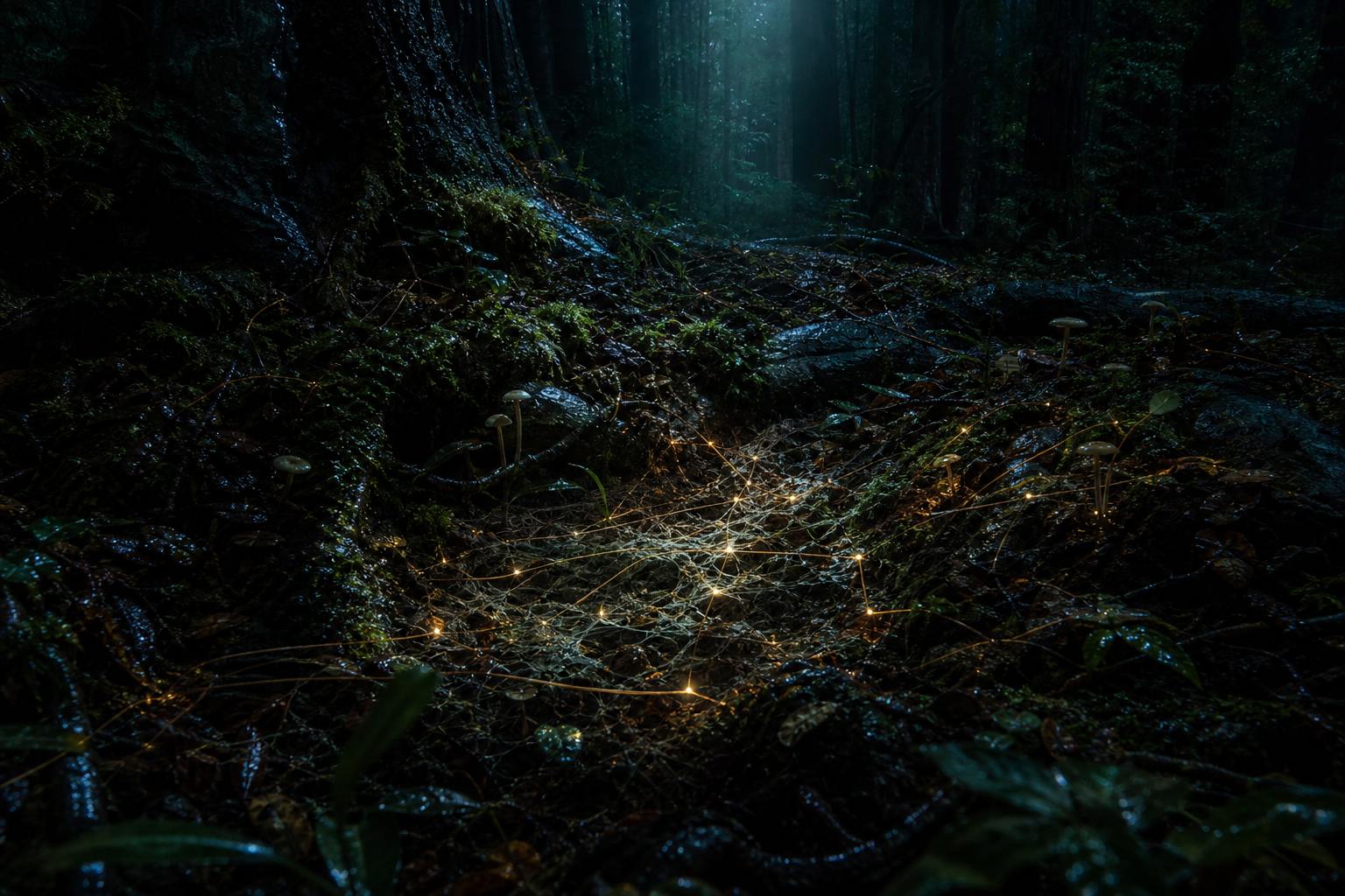Forest floor with roots, moss, fungi, and subtle field-data light traces.